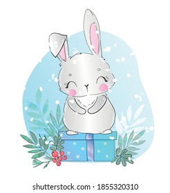 Hand drawn bunny and gift box christmas greeting card vector illustration