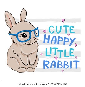 Hand Drawn Bunny with Glasses.  Cute rabbit and bow. Childish print design for nursery, t-shirt, textile, background. 