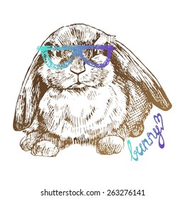 Hand drawn bunny glasses. Cute hare with small ears. Easter Bunny. Bunny hipster.