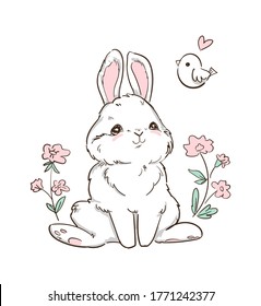 Hand Drawn Bunny and little bird, flowers. Cute Rabbit Vector. Print Design for Kids Fashion.