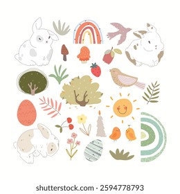 Hand drawn bunny, plants and rainbows, cute kids set.