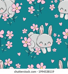 Hand Drawn Bunny Seamless Pattern, print design rabbit background. Vector Print Design Textile for Kids Fashion