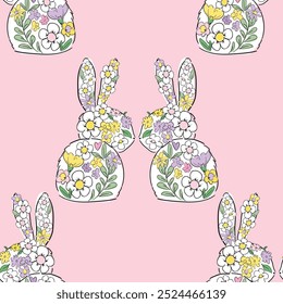Hand drawn bunny trend print, seamless pattern Cute rabbits and flowers background vector 