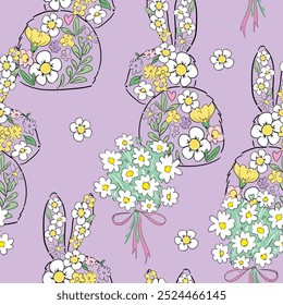 Hand drawn bunny trend print, seamless pattern Cute rabbits and flowers background vector 