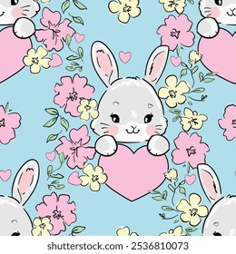 Hand drawn bunny trend print, seamless pattern Cute rabbits and flowers background vector 