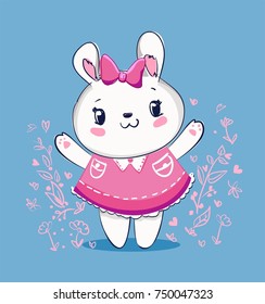 Hand Drawn Bunny vector illustration, Vector Rabbit Illustration, print design bunny, children print on t-shirt girl. 