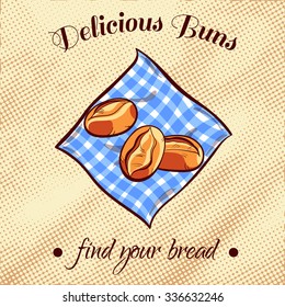 Hand drawn buns on a blue napkin. Vector illustration for bakery or bread shop.