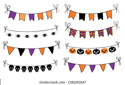 Hand drawn bunting flags in orange, purple and black for Halloween graphic design and decor