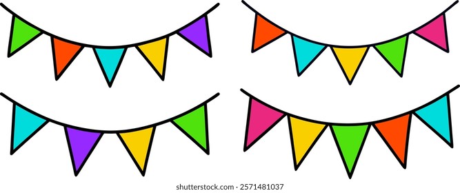 Hand drawn Bunting flags silhouette design, Silhouette of curved flags vector, Bunting flags vector isolated