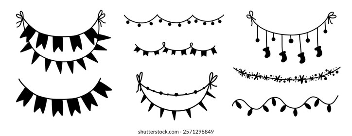 Hand drawn bunting garland pennant set doodle in monochrome minimalistic style. Party decoration design isolated on white,