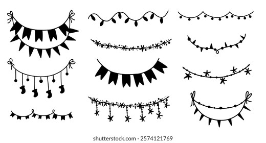 Hand drawn bunting garland pennant set doodle in monochrome minimalistic style. Party decoration design isolated on white