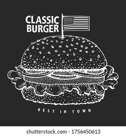 Hand drawn burger banner. Vector Americam hamburger illustration on chalk board. Vintage fast food background