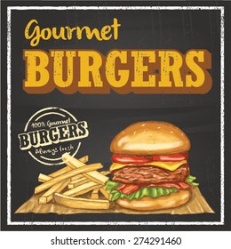 Hand drawn burger and chips on chalkboard with text gourmet burger, EPS 8