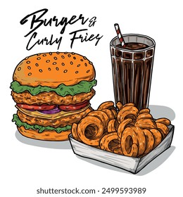 Hand drawn Burger and Curly Fries