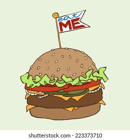 Hand drawn burger with eat me checkbox.Vector illustration