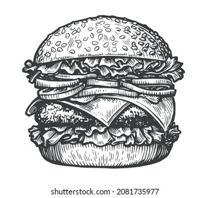 Hand drawn burger. Fast food sketch vector illustration