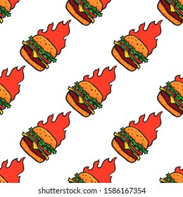 Hand Drawn Burger with Flame Seamless Pattern Background. Hot Fast Food. Vector illustration