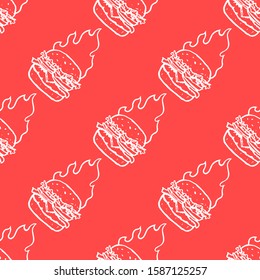 Hand Drawn Burger with Flame Seamless Pattern Background. Hot Fast Food. Vector illustration