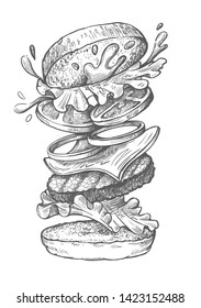 Hand Drawn Burger In Flight In Layers