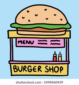 Hand drawn burger food stall for amusement park, theme park, street food, snack, circus, food business, cute patches, family trip, travel, vacation, holidays, weekend, park, outdoor, restaurant, menu