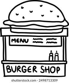 Hand drawn burger food stall outline for amusement park, kid colouring book, street food, snack, circus, food business, trip, travel, vacation, holiday, weekend, park, outdoor, restaurant, menu, yard