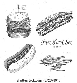 Handgezogener Burger, Pommes frites, hot dog, Sandwich