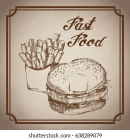 hand drawn burger and french fries fast food design