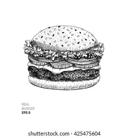 Hand drawn burger. Hamburger design template. Fast food. Vector illustration