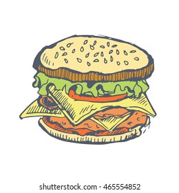 Hand drawn burger. Hamburger design template. Vector illustration junk food menu