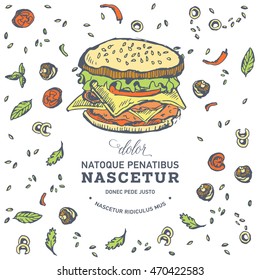 Hand drawn burger. Hamburger design template. Vector illustration junk food menu