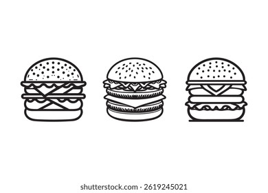 Hand Drawn Burger Icon Set in Black and White.