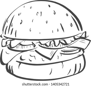 Hand drawn burger Illustration. Retro style image. Vintage sketch element for labels, packaging and cards design