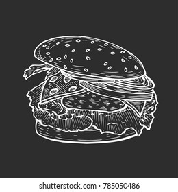 Hand drawn Burger include cutlet, tomato, cheese, cucumber and salad isolated on black background. Vector vintage engraving illustration for poster, menu, web, banner, info graphic