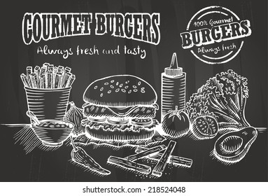 Hand Drawn Of Burger And Ingredients