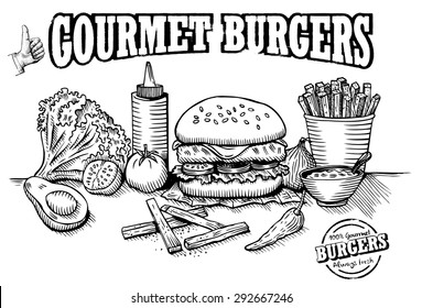 Hand drawn burger and ingredients ,vector