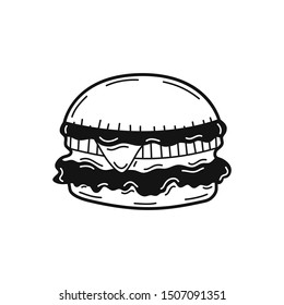Hand drawn burger isolated on a white. Great for menu, poster or label. Vector illustration.