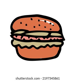 Hand drawn burger logo doodle cartoon style, vector illustration label isolated on white background
