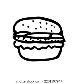 Hand drawn burger logo doodle cartoon style, vector illustration label isolated on white background