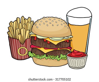 Hand drawn Burger meal set, with drink, burger and fries, vector illustration isolated on white