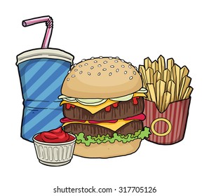 Hand drawn Burger meal set, with drink, burger and fries, vector illustration isolated on white