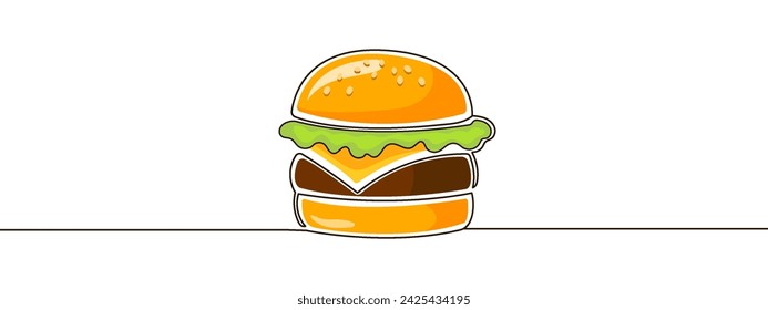 Hand drawn burger with meat, cheese and lettuce. Pattern for cafes, restaurants, fast food, food stores. Vector illustration, eps10, isolated.
