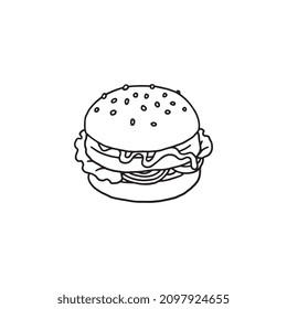 Hand drawn burger with meat patty in outline doodle style, vector illustration isolated on white background. Fast food meal with beef, lettuce and onion. Great for menu design.