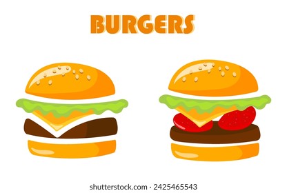 hand drawn burger with meat, vegetables, cheese, tomatoes and lettuce. Illustration for cafes, restaurants, fast food, food stores. Vector illustration, eps10, isolated.