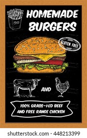 Hand drawn burger on a chalkboard