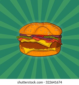 Hand drawn burger on retro background. Vector