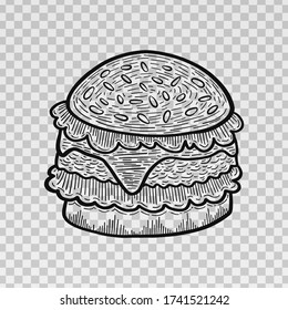 Hand drawn burger on transparent background. Vector illustration.