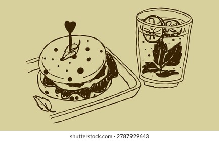 Hand drawn burger on a tray with a heart skewer and a cold drink glass with lemon and mint. Line art doodle on a solid background, perfect for cafe lunch menus or trendy brunch branding