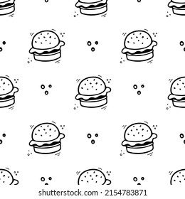 Hand drawn burger seamless pattern. Comic doodle sketch style. Vector Fast food illustration. Sketch of hamburger.