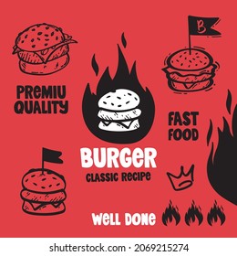 Hand drawn burger set. Doodle illustration.