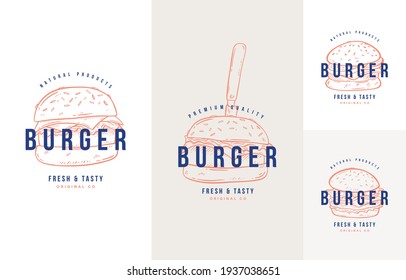 Hand drawn burger set, illustrated logo or emblem, sticker